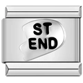Macro detail of polished stainless steel charm link with engraved ST and END lettering - BEST FRIEND Link (ST END)