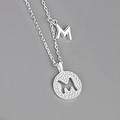 S925 sterling silver necklace featuring pavé zircon round pendant with hollow letter M - Silver (Letter M)