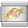 Detail eines italienischen Charm-Glieds mit goldenem Bonbon und rosa Stern auf Edelstahl - Rosa Süßigkeit Muster (0675)