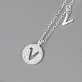 S925 sterling silver V alphabet necklace with zirconia paved round pendant - Silver (Letter V)