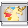 Makroaufnahme eines Edelstahl-Armband-Charms mit goldenem Einhorn-Emaille-Detail - Buntes Einhorn Emaille (0676)