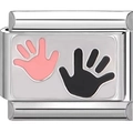 Detail eines Italian Charm Elements mit rosa und schwarzen Fußabdrücken aus Edelstahl - Paar Handabdrücke Rosa Schwarz (0683)