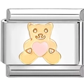 Detail eines Edelstahl-Charms mit goldenem Bären und rosa Herz für modulare Armbänder - Teddybär Rosa Herz (0682)