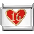 Detail eines italienischen Edelstahl-Charms mit rotem Herz und goldener Zahl 16 - Rotes Herz 16 Schlankes Modell (0678)