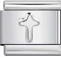 Macro view of modular stainless steel bracelet link with embossed cross and silver finish - Steel Color Raised Cross (0293)