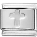 Macro detail of a polished stainless steel modular charm featuring a 3D relief cross - Steel Color Inset Cross (0459)