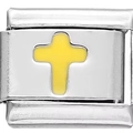 Macro detail of Italian modular bracelet link with yellow enamel cross on stainless steel - Yellow Drip Oil Cross (0461)