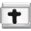 Detailed close-up of a stainless steel modular charm with a black enamel cross design - Black Cross (0462)