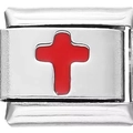 Italian charm bracelet module with stainless steel finish and red cross design - Red Drip Oil Cross (0460)