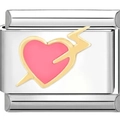 Makroaufnahme eines Armband-Glieds mit rosa Herz und goldenem Blitz aus Edelstahl - Blitz Herz (1128)