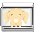 Nahaufnahme eines italienischen Modul-Armbands mit goldenem Hundekopf auf Edelstahl - Niedlicher Golden Retriever (1256)