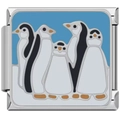 Italian charm bracelet link featuring five penguins on a blue enamel background - Penguin Family Style (2451)