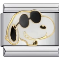 Makroaufnahme von italienischem Charm-Link mit Snoopy Joe Cool Design in Emaille und Gold - Snoopy Stil Joe Cool (1264)