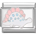 Makroaufnahme von Edelstahl-Charm-Glied mit rosa und blauem Emaille-Stegosaurus-Motiv - Kleiner Stegosaurus (1262)