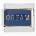 Eslabón italiano de acero inoxidable con esmalte azul y letras DREAM doradas - DREAM (0692)