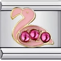 Italian charm link featuring a pink enamel flamingo with gold edges and crystals - Pink Duck Inlaid Rhinestone Style