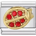 Italian charm link with silver stainless steel base and golden ladybug with red crystals - Golden Beetle Inlaid Red Rhinestone Style