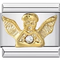 Stainless steel charm link featuring a golden angel holding a sparkling round crystal - Gold Angel Style
