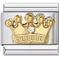DIY charm link in polished stainless steel with a gold-plated crown and sparkling zircon - Golden Crown Five Bead Rhinestone Style