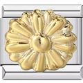 Detailed macro view of a 9mm stainless steel Italian charm featuring a golden daisy flower - Golden Chrysanthemum Style