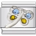 Italian charm bracelet link with silver butterfly and colorful gemstones - Blue and Yellow Dragonfly Style