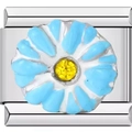 Italian charm link with a blue and white enamel daisy and yellow crystal inlay - Blue and White Chrysanthemum Style