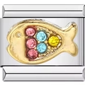 Italian charm bracelet link with golden fish design and colorful crystal rhinestones - Pink and Blue Goldfish Inlaid Rhinestone Style