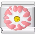 Italian charm link with pink floral enamel and yellow center stone in stainless steel - Pink and Yellow Chrysanthemum Style
