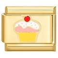 Maillon de bracelet modulaire italien en or avec charm de cupcake en émail coloré - Style Doux Émaillé Cupcake Tout en Or (1117)