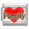 Charme italien en acier inoxydable poli avec cœur en émail rouge et inscription Family - Thème FAMILY Cœur Rouge (1121)