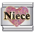 Maillon de charme italien en acier inoxydable avec cœur rose pailleté et texte Niece - Sentiment Niece Cœur Rose (1122)