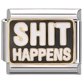 Close-up of 9mm Italian charm with Shit Happens text on black enamel background - Shit Happens (1367)