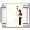 Italian style 9mm stainless steel modular charm link with lovers silhouette and hearts - White Wedding (1368)