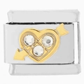 Abalorio italiano plateado con corazón dorado de flecha y tres circonitas claras - Tres Diamantes Flecha Corazón (0648)
