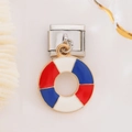 Detail of Italian charm link with red white and blue enamel lifebuoy pendant - Swim Ring Style (1425)