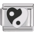 Close-up of 9mm stainless steel heart charm with black and white Yin-Yang enamel design - Heart Tai Chi (1372)
