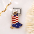 Macro view of Italian modular charm link featuring USA flag cowboy boot design - Boots Style (1426)