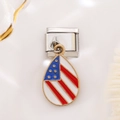 Macro view of stainless steel Italian charm with US flag enamel teardrop pendant - Water Drop Leaf Style (1420)