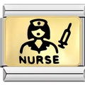 Italian charm bracelet link in stainless steel with gold nurse badge and syringe icon - Nurse Style (1169-NURSE)
