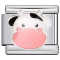 Modular stainless steel bracelet charm featuring a cute pink and white enamel cow design - Pink Mouth Cow (1092)