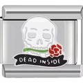 Italian charm bead with skull, red rose and Dead Inside text in stainless steel - Skull With Red Rose (1096)