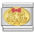 Maillon de charme italien avec fille de dessin animé dorée et nœud rose sur acier inoxydable - Style Fille de Dessin Animé Noeud Rose (1116)