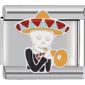 Italian charm link with Day of the Dead skeleton playing trumpet in colorful enamel - Skull Playing Trumpet (1098)