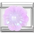 Bracelet italien à breloques avec fleur violet clair translucide sur acier inox - Maillon en Métal Pétale Violet Clair Translucide (1124)