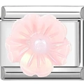 Maillon italien avec fleur rose translucide sur une base en acier inoxydable - Maillon Fleur Translucide Nacré Rose (1126)