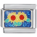 Maillon italien avec motif tournesol jaune sur fond bleu scintillant et brillant - Style Émaillé Doubles Tournesols (1115)
