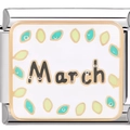 Detailed close-up of a March themed stainless steel Italian charm with green leaves - March