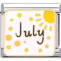 Macro detail of July birthstone charm with yellow sun and enamel on stainless steel link - July