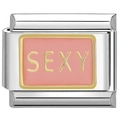 Maillon italien en acier inoxydable avec émail rose et inscription SEXY dorée - Maillon Police Dorée SEXY Émail Rose Clair (1114)