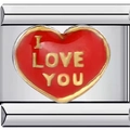 Vista macro del charm in acciaio inossidabile con cuore rosso e scritta I Love You dorata - Cuore Rosso I Love U